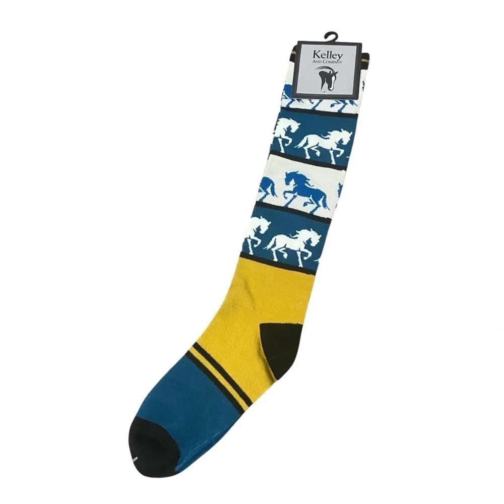 NWT Kelley and Company Yellow and Blue Bold Horse Tall Socks Ladies 9-11
